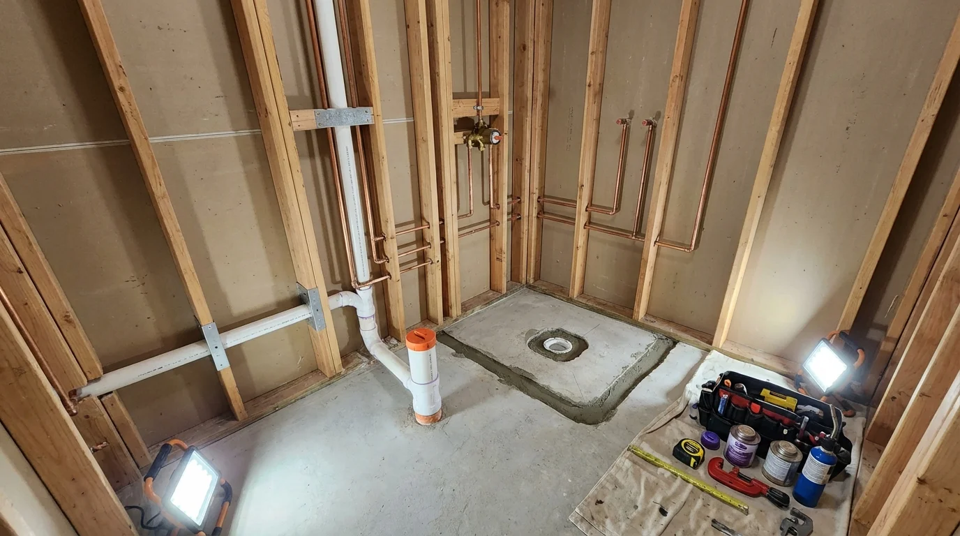 Bathroom rough-in plumbing during remodel by Johns Plumbing LLC in South Beloit