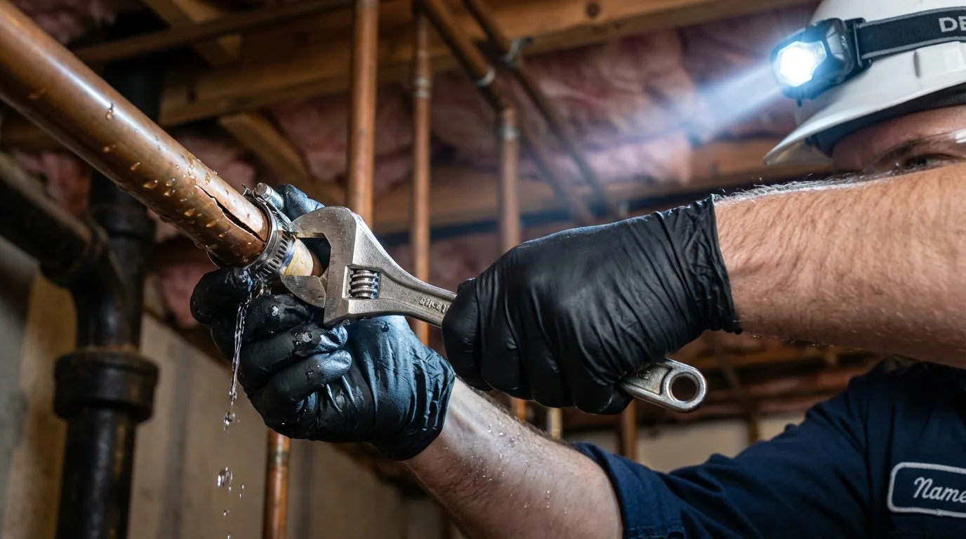 Emergency pipe clamp repair being performed by a Johns Plumbing LLC plumber in South Beloit