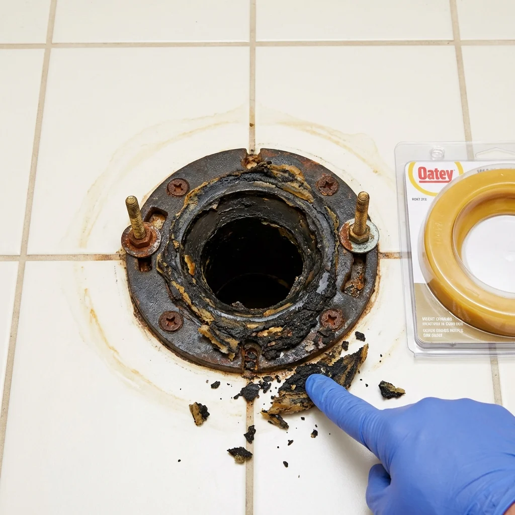 Failed wax ring showing water seepage at the base of a toilet in a South Beloit, IL home