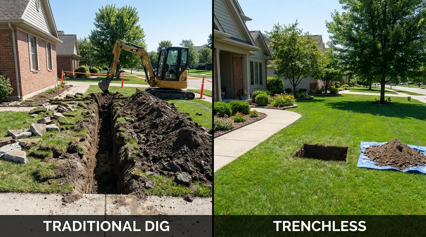 Trenchless sewer repair with minimal yard damage versus traditional excavation in South Beloit, IL