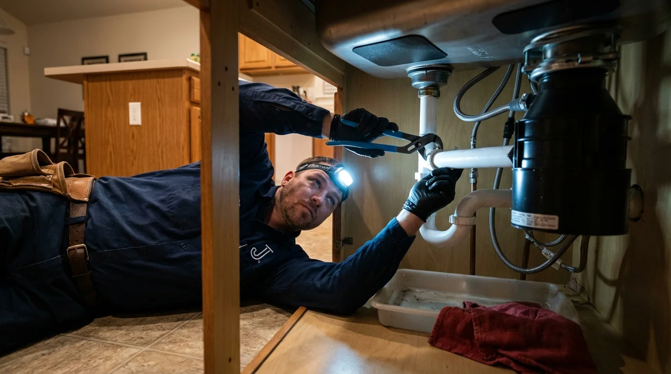 P-trap and supply line connections under a kitchen sink showing a common leak point in South Beloit, IL